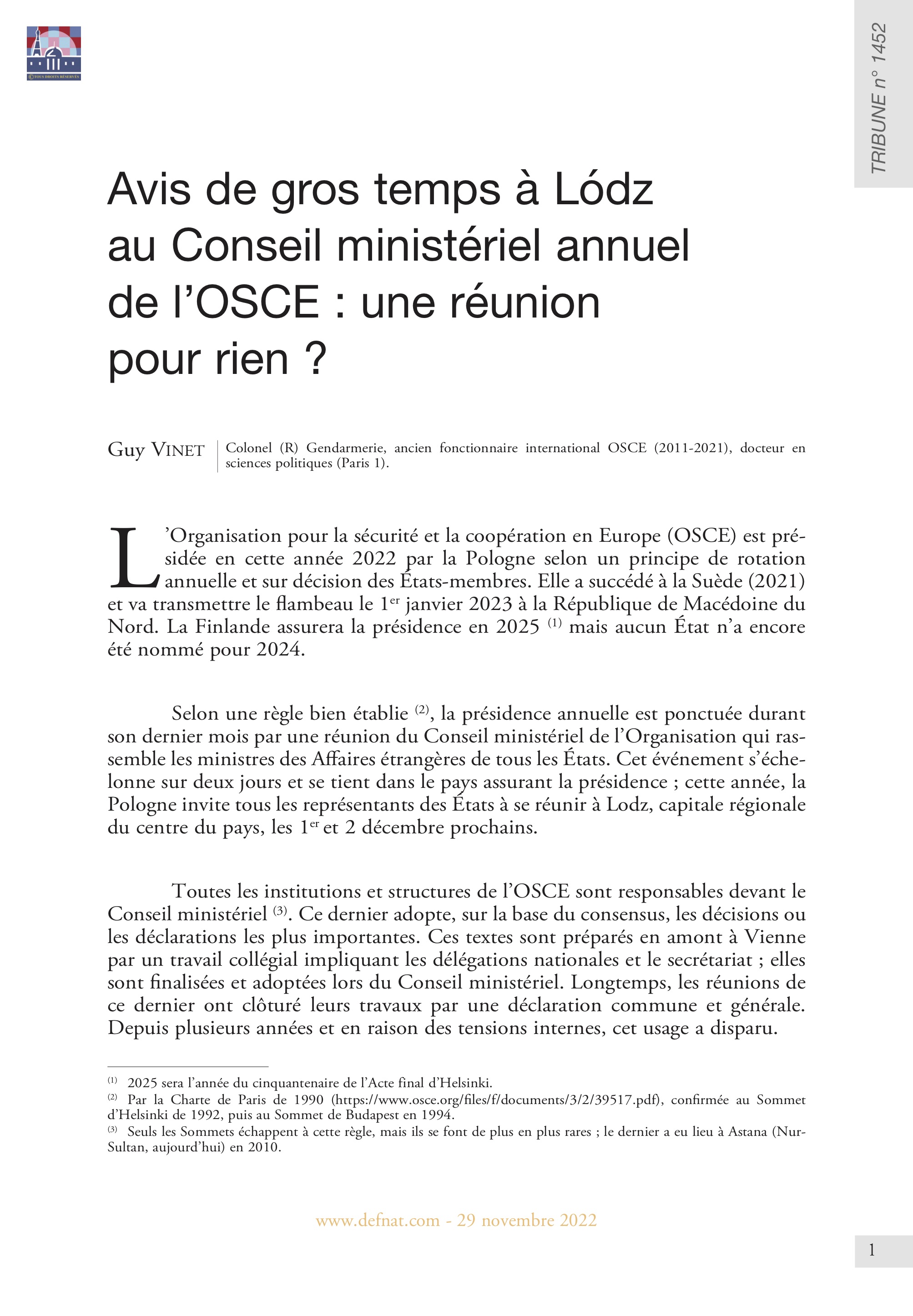 Avis de gros temps à Lódz au Conseil ministériel annuel de l’OSCE : une réunion pour rien ? (T 1452)
